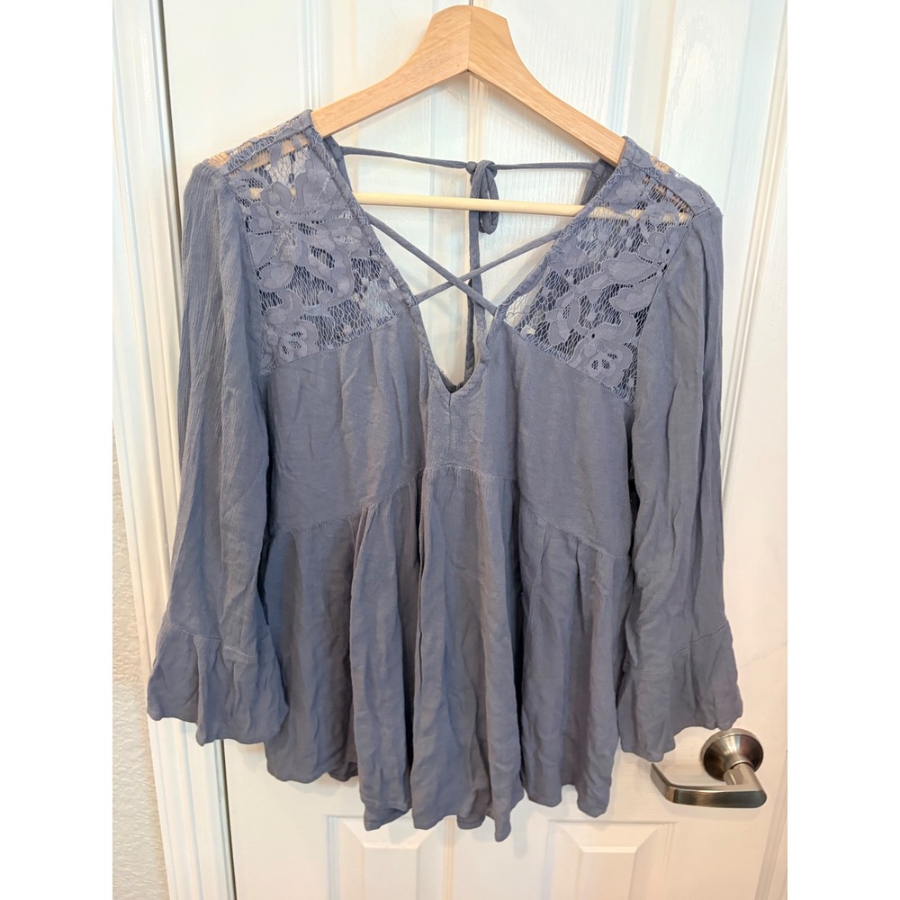 American Eagle Top Blue Lace Strappy Back Bell Sleeve Boho Peplum Blouse